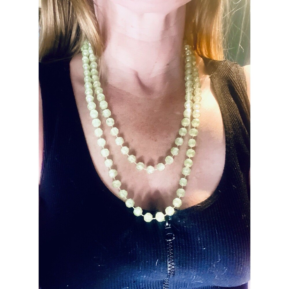 Vintage Long Kiwi Green Lucite Bead Necklace AB Faceted 60s 70s Opera Pastel